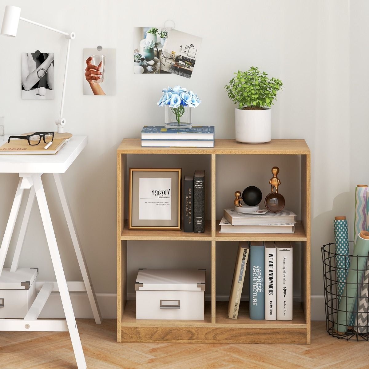 Bibliothèque Étagère Rangement À 3 Niveaux Avec 4 Compartiments Ouverts Meuble Cube De Rangement En Bois 73 X 33 X 73Cm Noir/Blanc/Naturel