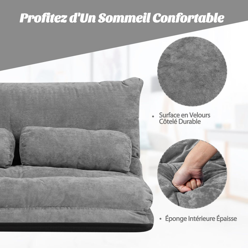 Canapé Convertible 2 Places Réglables À 6 Positions 90-180° Avec 2 Oreillers En Velours Côtelé Pour Salon Chambre Beige/Bleu/Café/Gris