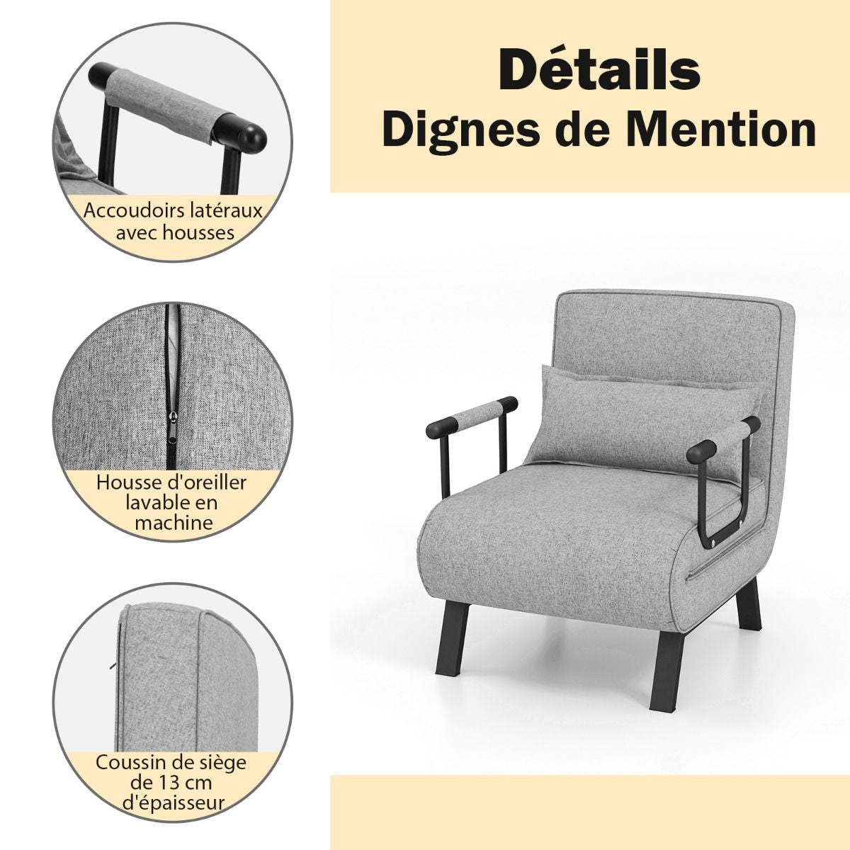 Fauteuil Convertible À Lit 1 Place Fauteuil De Salon 4-En-1 Dossier Réglable En 6 Positions Avec Oreiller 7 Couleurs Au Choix