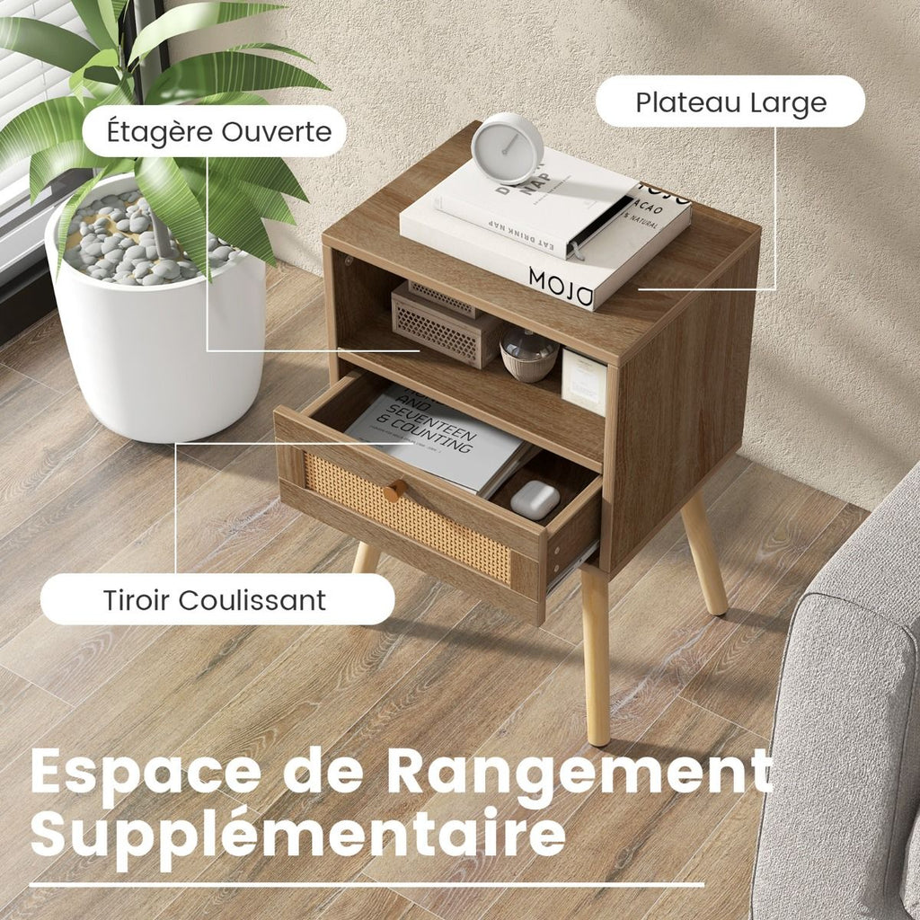 Lot De 2 Tables De Chevet En Rotin Petite Table D'Appoint Avec Tiroir 2 Tables De Nuit En Bois Table D'Appoint Compacte Multifonctionnelle Noyer