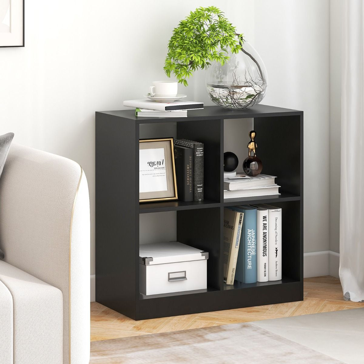 Bibliothèque Étagère Rangement À 3 Niveaux Avec 4 Compartiments Ouverts Meuble Cube De Rangement En Bois 73 X 33 X 73Cm Noir/Blanc/Naturel