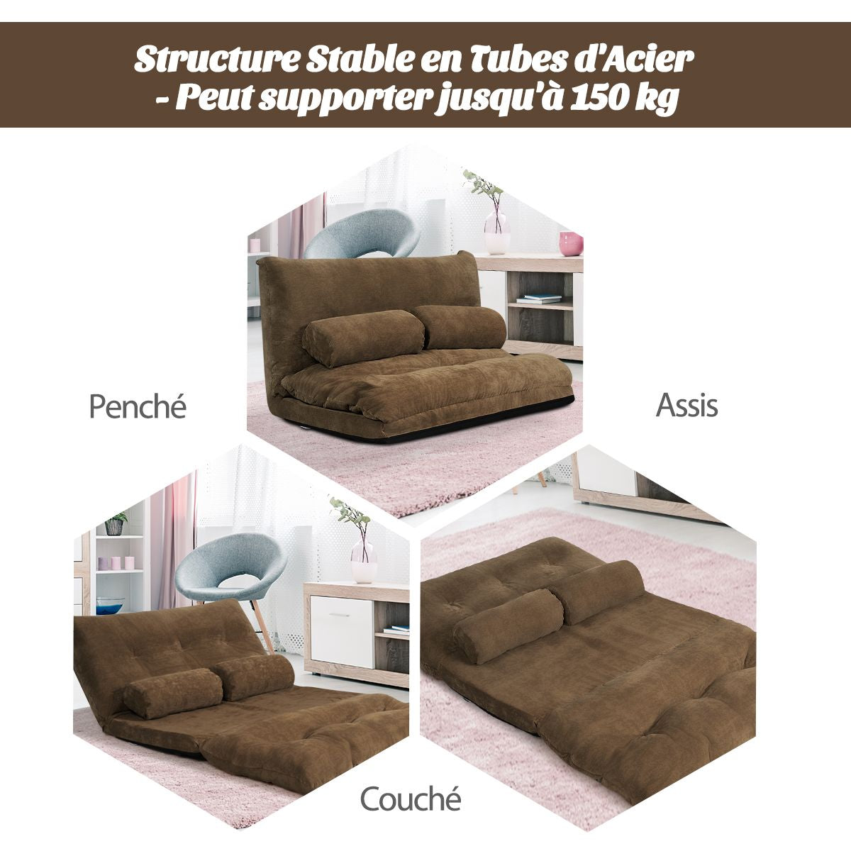 Canapé Convertible 2 Places Réglables À 6 Positions 90-180° Avec 2 Oreillers En Velours Côtelé Pour Salon Chambre Beige/Bleu/Café/Gris