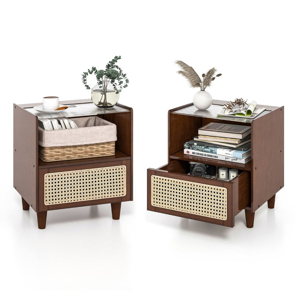 2 Tables De Chevet Avec Tiroir Table D'Appoint En Bambou Avec Plateau En Verrepieds En Bois Massif 43 X 35 X 50 Cm Brun/Naturel