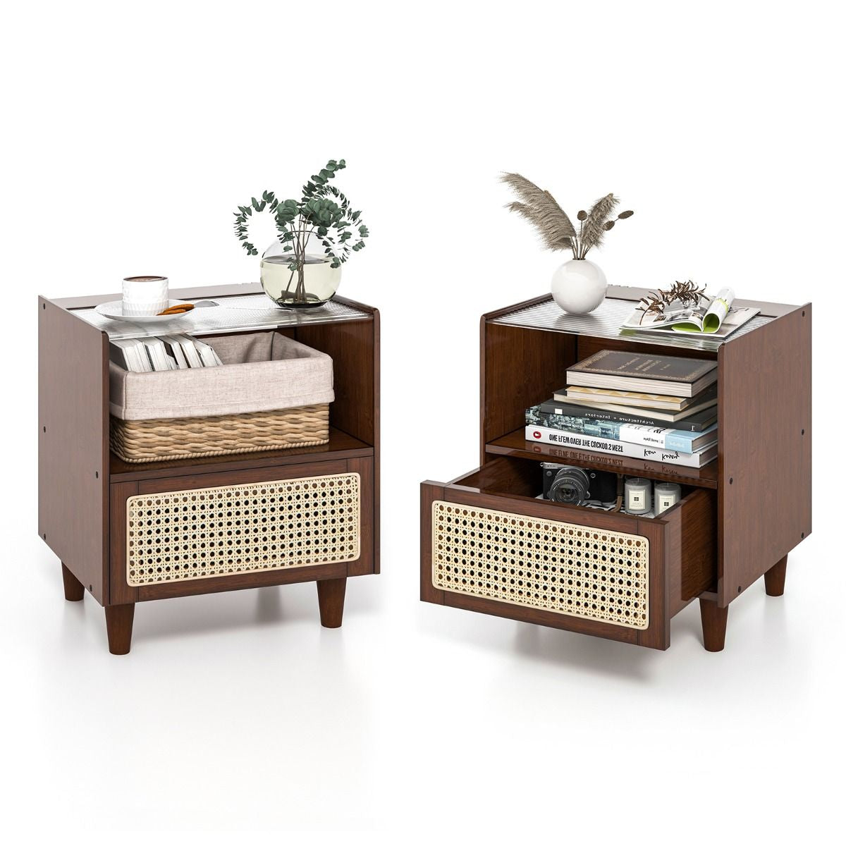 2 Tables De Chevet Avec Tiroir Table D'Appoint En Bambou Avec Plateau En Verrepieds En Bois Massif 43 X 35 X 50 Cm Brun/Naturel
