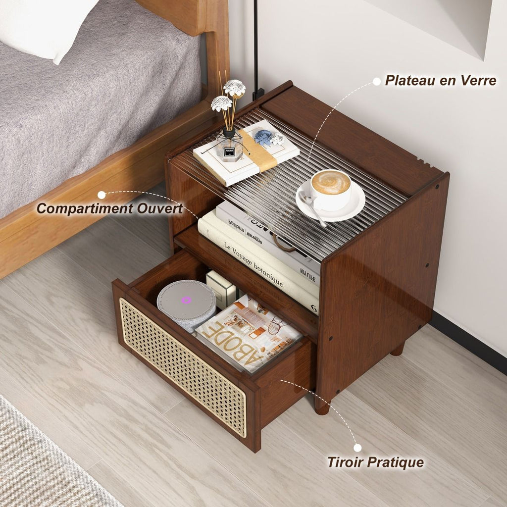 2 Tables De Chevet Avec Tiroir Table D'Appoint En Bambou Avec Plateau En Verrepieds En Bois Massif 43 X 35 X 50 Cm Brun/Naturel