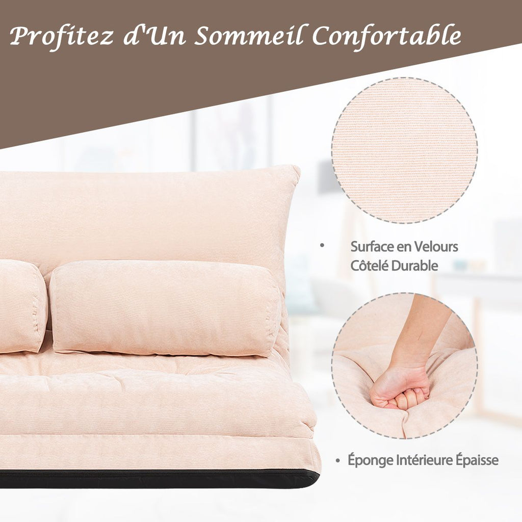 Canapé Convertible 2 Places Réglables À 6 Positions 90-180° Avec 2 Oreillers En Velours Côtelé Pour Salon Chambre Beige/Bleu/Café/Gris