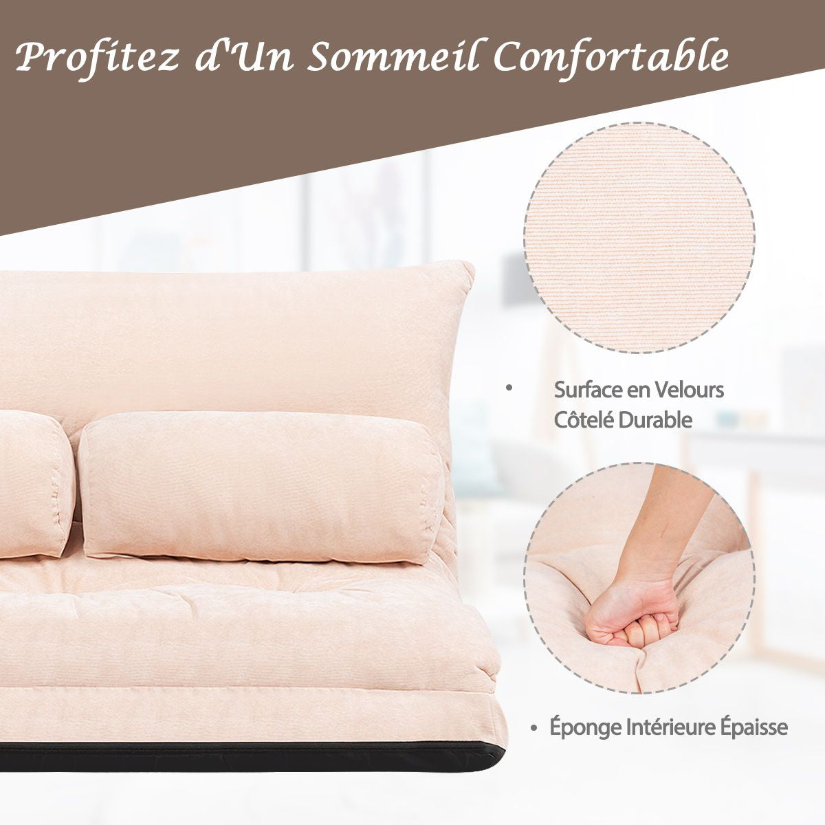 Canapé Convertible 2 Places Réglables À 6 Positions 90-180° Avec 2 Oreillers En Velours Côtelé Pour Salon Chambre Beige/Bleu/Café/Gris
