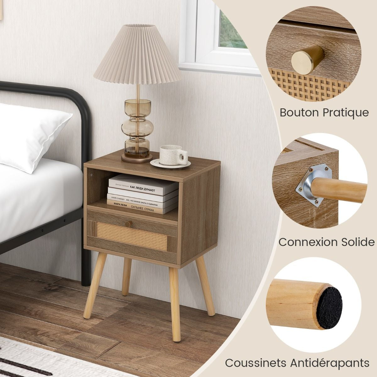 Lot De 2 Tables De Chevet En Rotin Petite Table D'Appoint Avec Tiroir 2 Tables De Nuit En Bois Table D'Appoint Compacte Multifonctionnelle Noyer