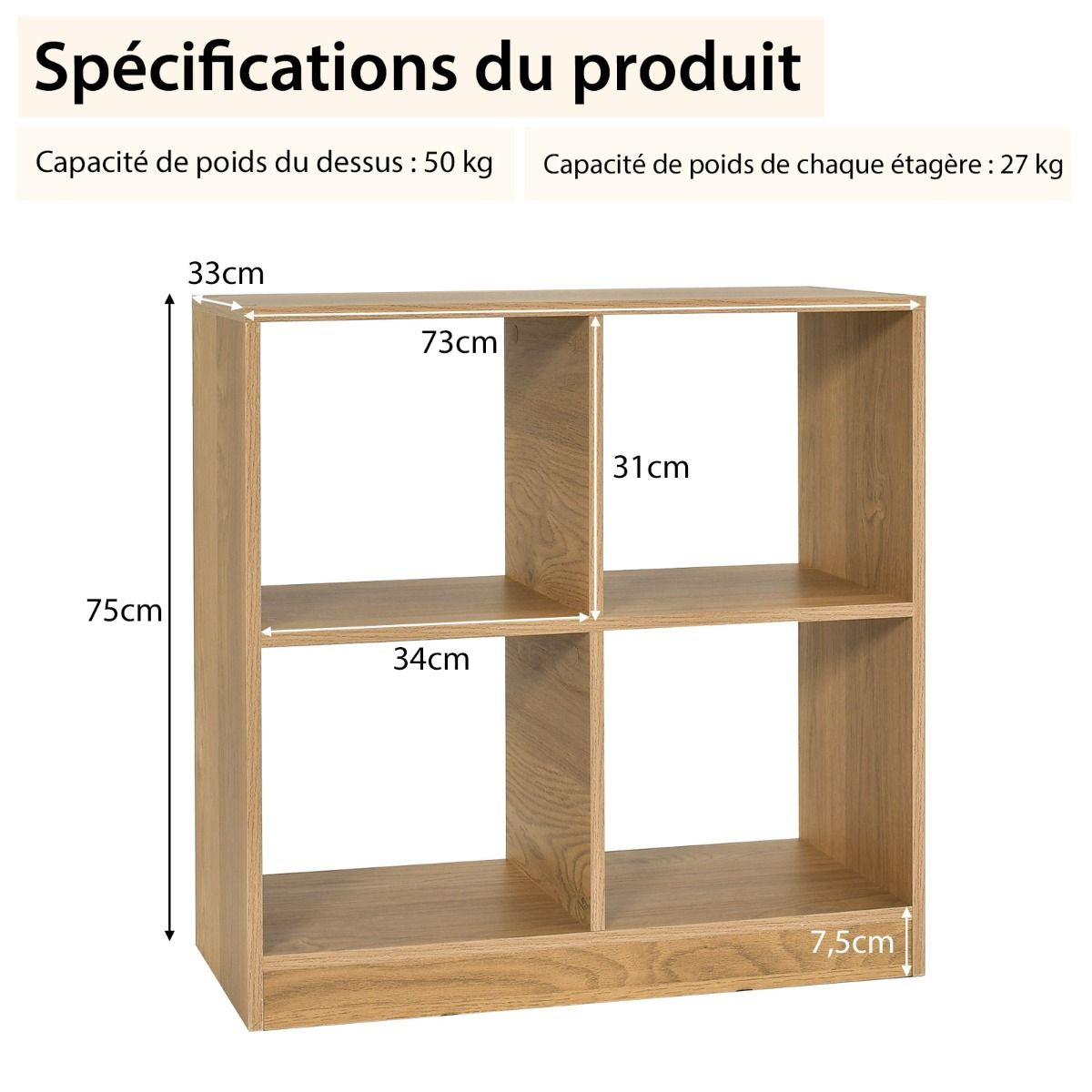 Bibliothèque Étagère Rangement À 3 Niveaux Avec 4 Compartiments Ouverts Meuble Cube De Rangement En Bois 73 X 33 X 73Cm Noir/Blanc/Naturel