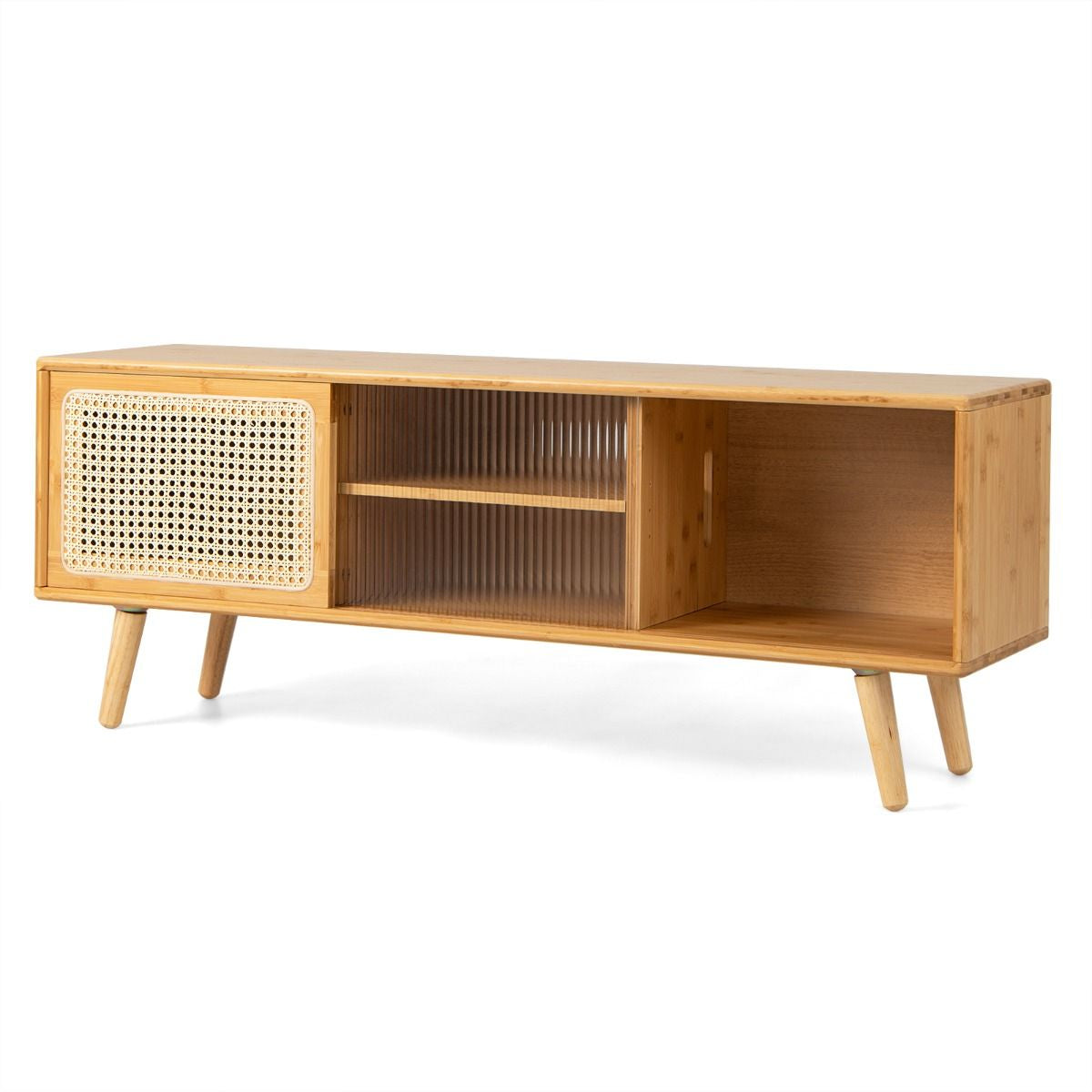Meuble TV En Bambou Avec 4 Compartiments Pour TV 55" Au Max Banc TV À 4 Pieds En Bois Massif 2 Portes Coulissantes En Rotin Et Verre Trempé 120,5X31X45,5Cm