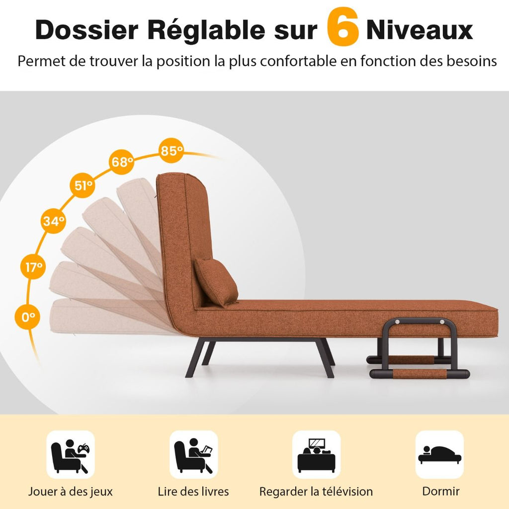 Fauteuil Convertible À Lit 1 Place Fauteuil De Salon 4-En-1 Dossier Réglable En 6 Positions Avec Oreiller 7 Couleurs Au Choix