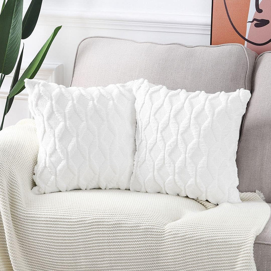 Lot De 2 Doux Peluche Laine Courte Velours Décoratif Housses De Coussin Luxe Style Pour Canapé Chambre Blanc 40 X 40 Cm