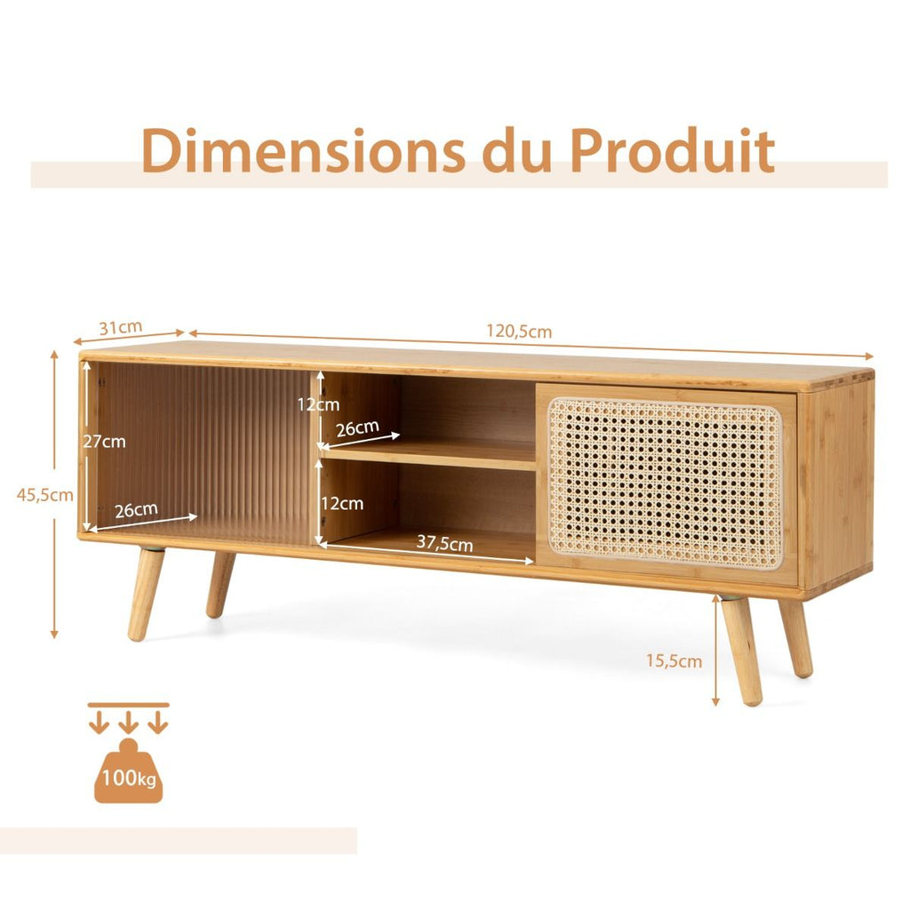 Meuble TV En Bambou Avec 4 Compartiments Pour TV 55" Au Max Banc TV À 4 Pieds En Bois Massif 2 Portes Coulissantes En Rotin Et Verre Trempé 120,5X31X45,5Cm