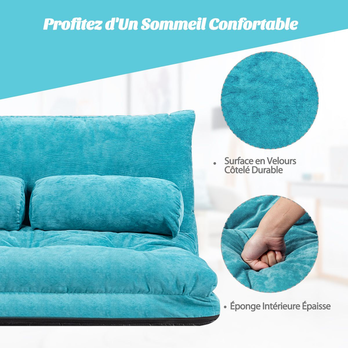 Canapé Convertible 2 Places Réglables À 6 Positions 90-180° Avec 2 Oreillers En Velours Côtelé Pour Salon Chambre Beige/Bleu/Café/Gris