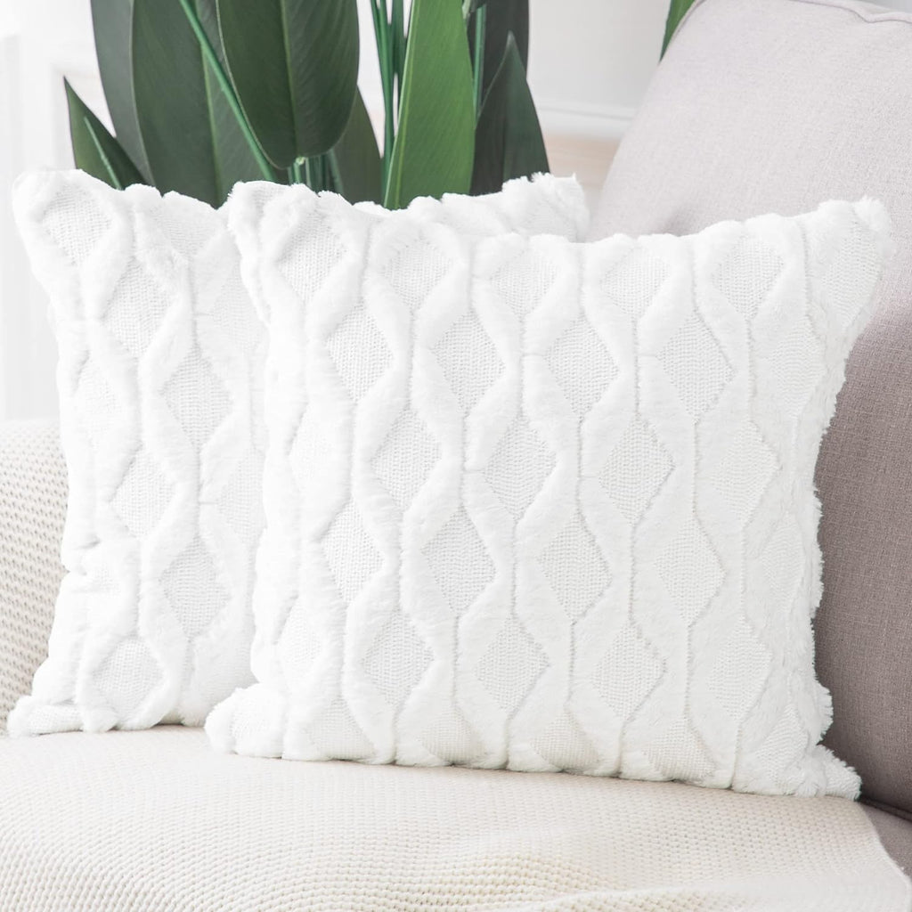 Lot De 2 Doux Peluche Laine Courte Velours Décoratif Housses De Coussin Luxe Style Pour Canapé Chambre Blanc 40 X 40 Cm