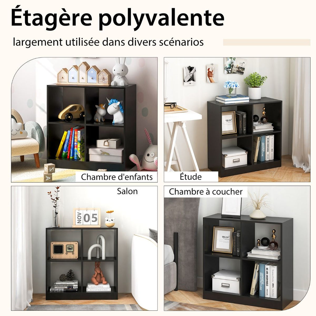 Bibliothèque Étagère Rangement À 3 Niveaux Avec 4 Compartiments Ouverts Meuble Cube De Rangement En Bois 73 X 33 X 73Cm Noir/Blanc/Naturel