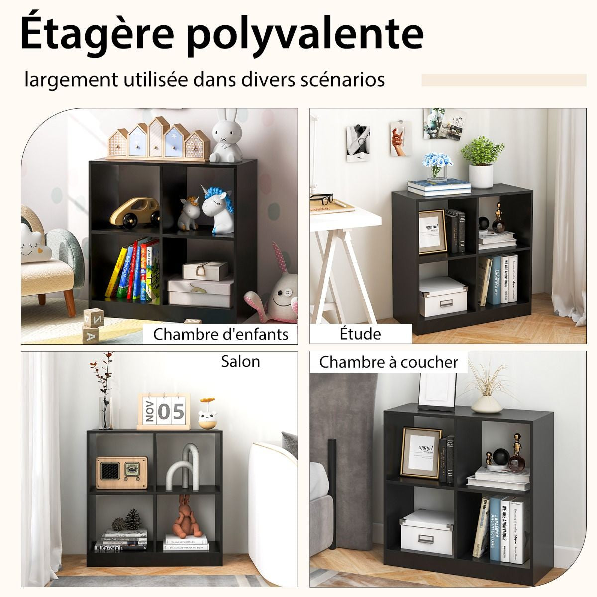 Bibliothèque Étagère Rangement À 3 Niveaux Avec 4 Compartiments Ouverts Meuble Cube De Rangement En Bois 73 X 33 X 73Cm Noir/Blanc/Naturel