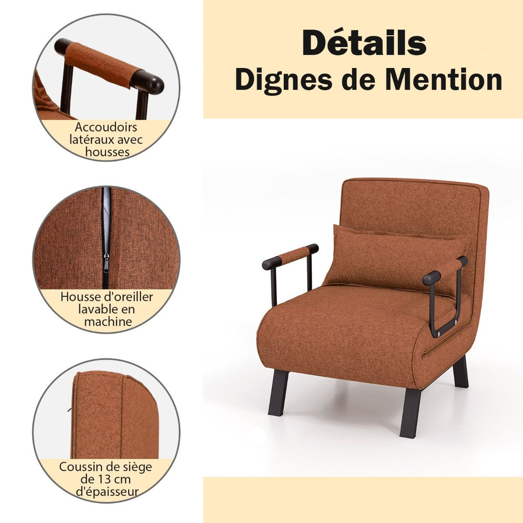 Fauteuil Convertible À Lit 1 Place Fauteuil De Salon 4-En-1 Dossier Réglable En 6 Positions Avec Oreiller 7 Couleurs Au Choix