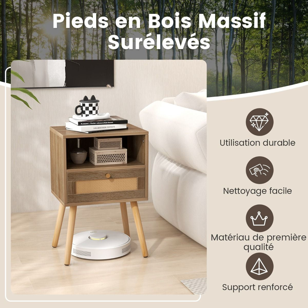 Lot De 2 Tables De Chevet En Rotin Petite Table D'Appoint Avec Tiroir 2 Tables De Nuit En Bois Table D'Appoint Compacte Multifonctionnelle Noyer