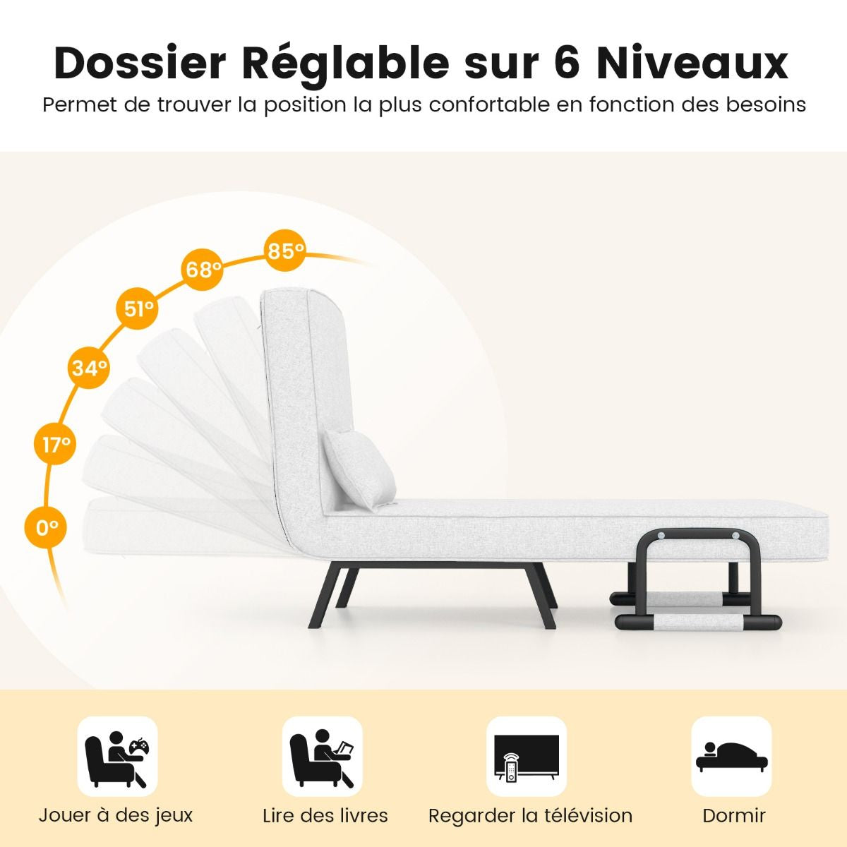 Fauteuil Convertible À Lit 1 Place Fauteuil De Salon 4-En-1 Dossier Réglable En 6 Positions Avec Oreiller 7 Couleurs Au Choix