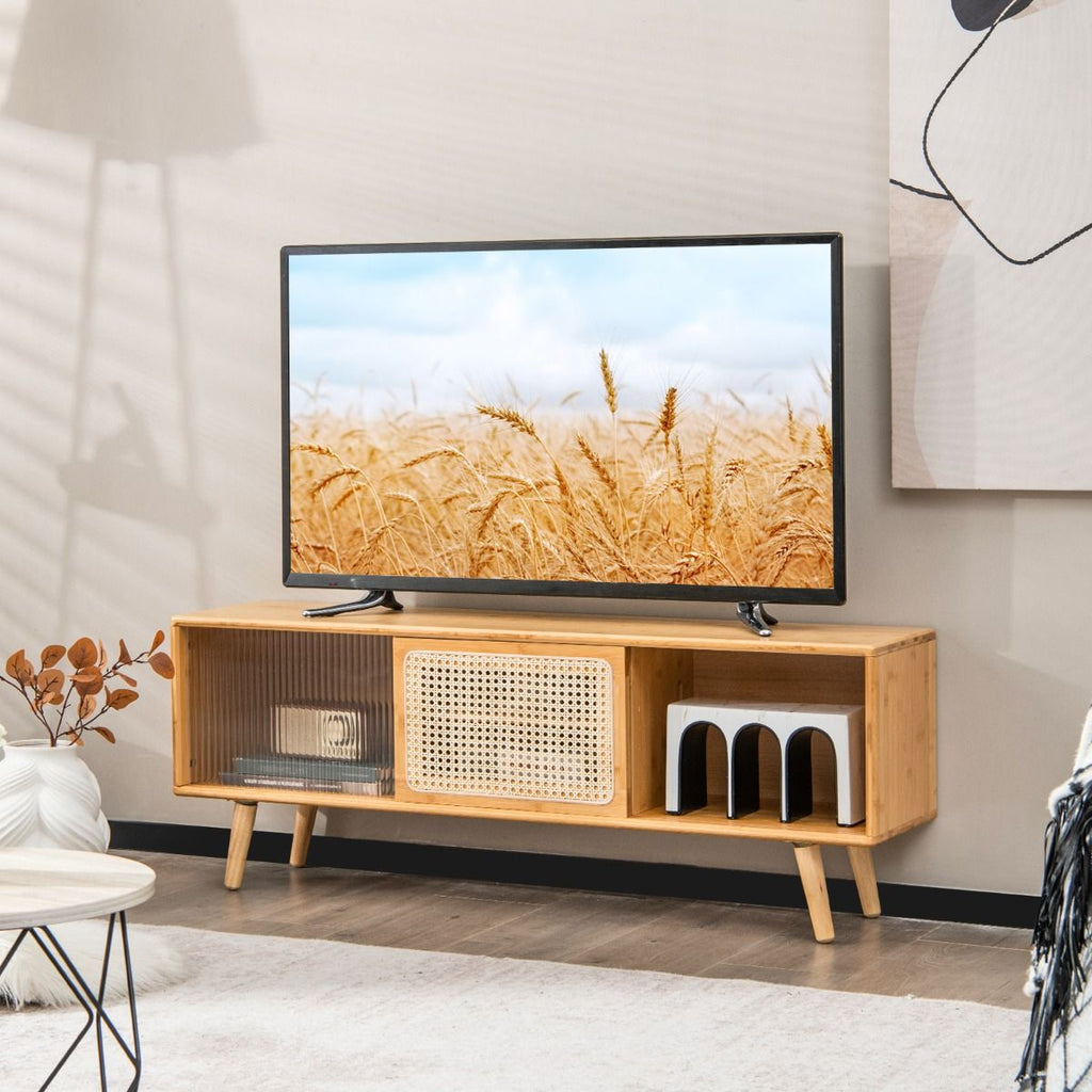 Meuble TV En Bambou Avec 4 Compartiments Pour TV 55" Au Max Banc TV À 4 Pieds En Bois Massif 2 Portes Coulissantes En Rotin Et Verre Trempé 120,5X31X45,5Cm