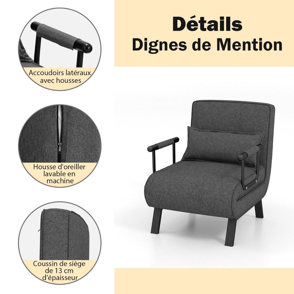 Fauteuil Convertible À Lit 1 Place Fauteuil De Salon 4-En-1 Dossier Réglable En 6 Positions Avec Oreiller 7 Couleurs Au Choix