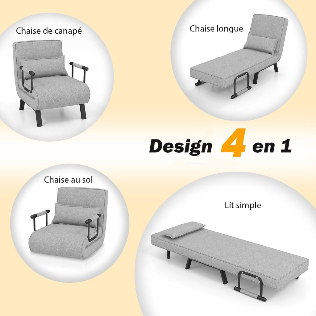 Fauteuil Convertible À Lit 1 Place Fauteuil De Salon 4-En-1 Dossier Réglable En 6 Positions Avec Oreiller 7 Couleurs Au Choix