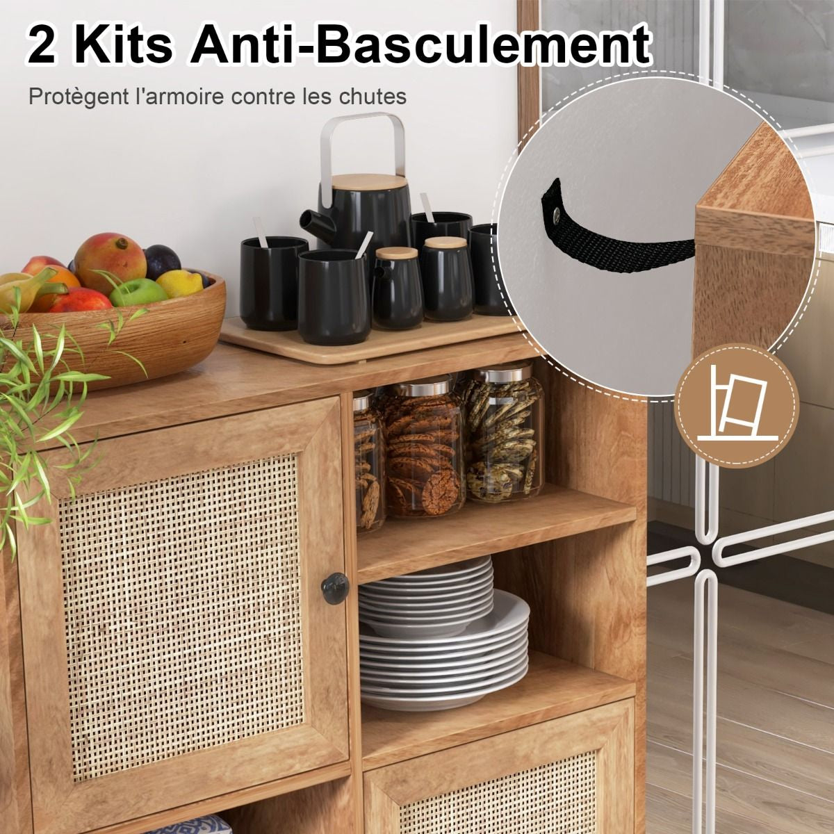 Buffet Cuisine Meuble De Rangement Avec 2 Placards 4 Compartiments Porte Cannage Pieds En Bois Massif 80 X 29,5 X 97 Cm
