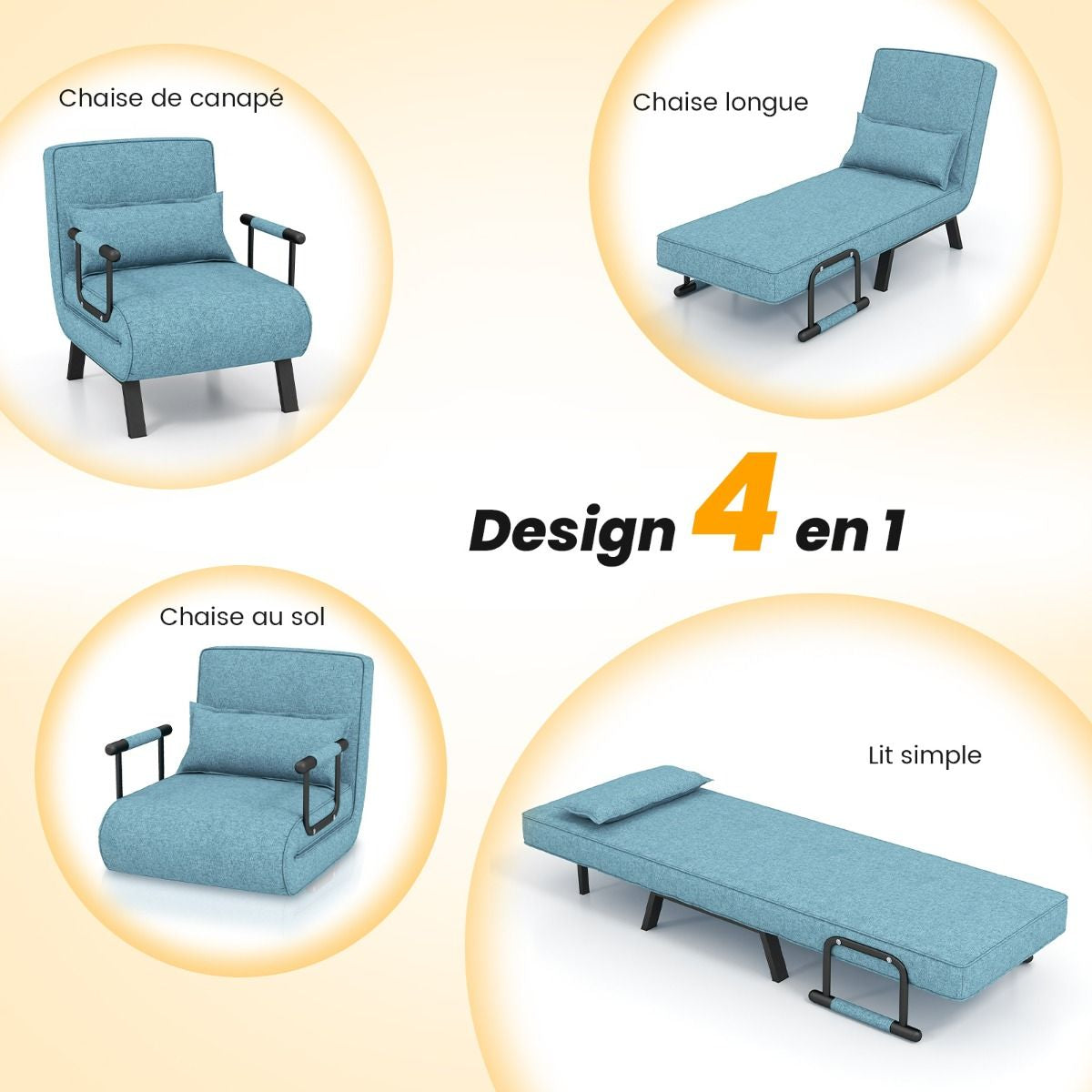 Fauteuil Convertible À Lit 1 Place Fauteuil De Salon 4-En-1 Dossier Réglable En 6 Positions Avec Oreiller 7 Couleurs Au Choix