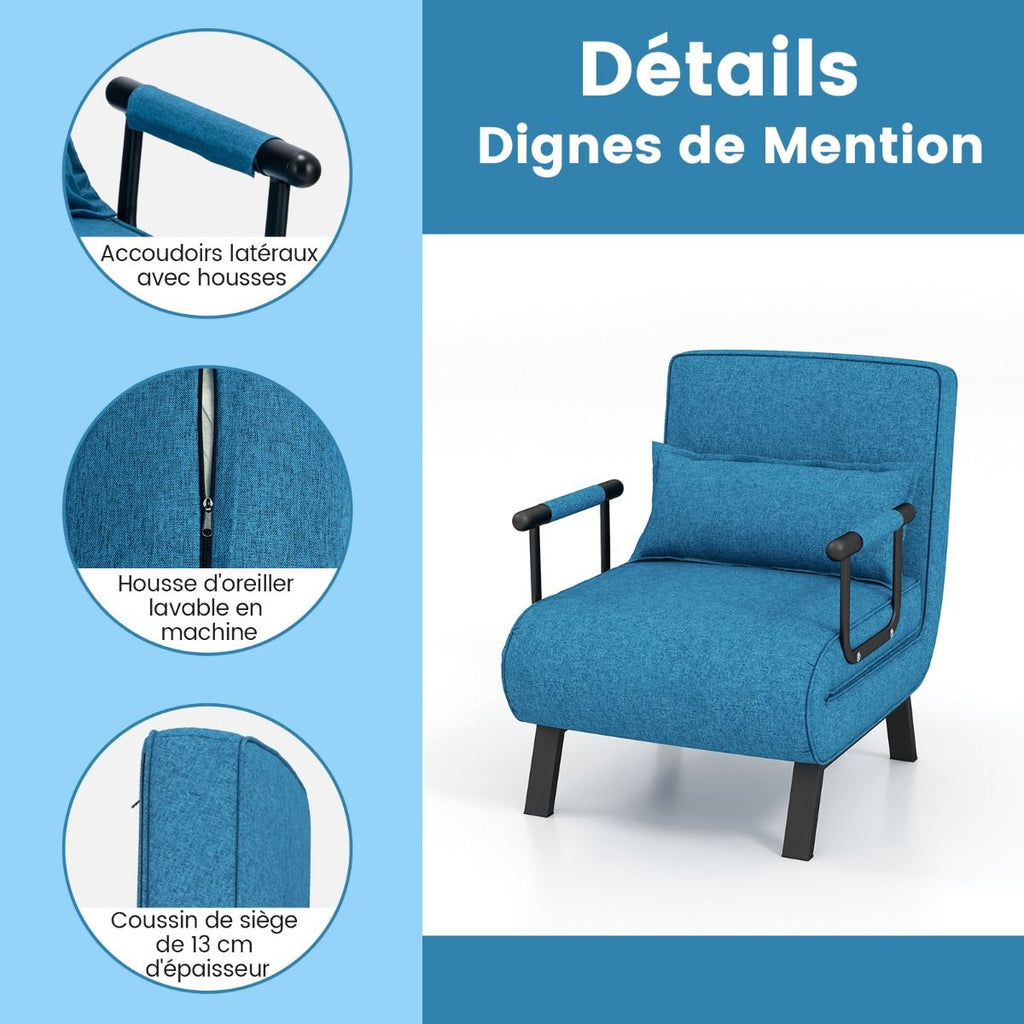 Fauteuil Convertible À Lit 1 Place Fauteuil De Salon 4-En-1 Dossier Réglable En 6 Positions Avec Oreiller 7 Couleurs Au Choix