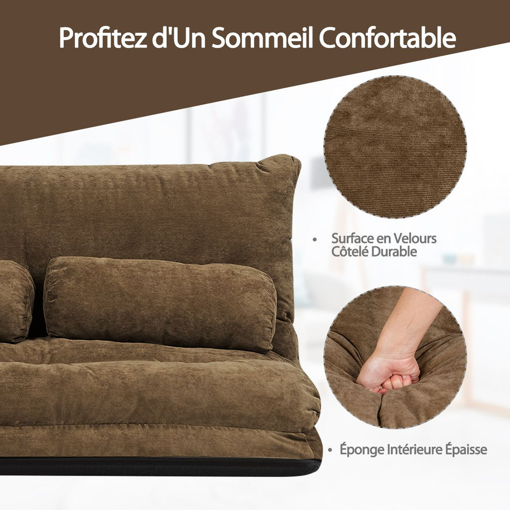 Canapé Convertible 2 Places Réglables À 6 Positions 90-180° Avec 2 Oreillers En Velours Côtelé Pour Salon Chambre Beige/Bleu/Café/Gris