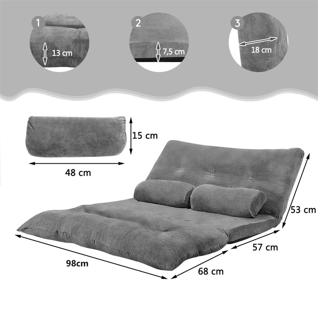 Canapé Convertible 2 Places Réglables À 6 Positions 90-180° Avec 2 Oreillers En Velours Côtelé Pour Salon Chambre Beige/Bleu/Café/Gris