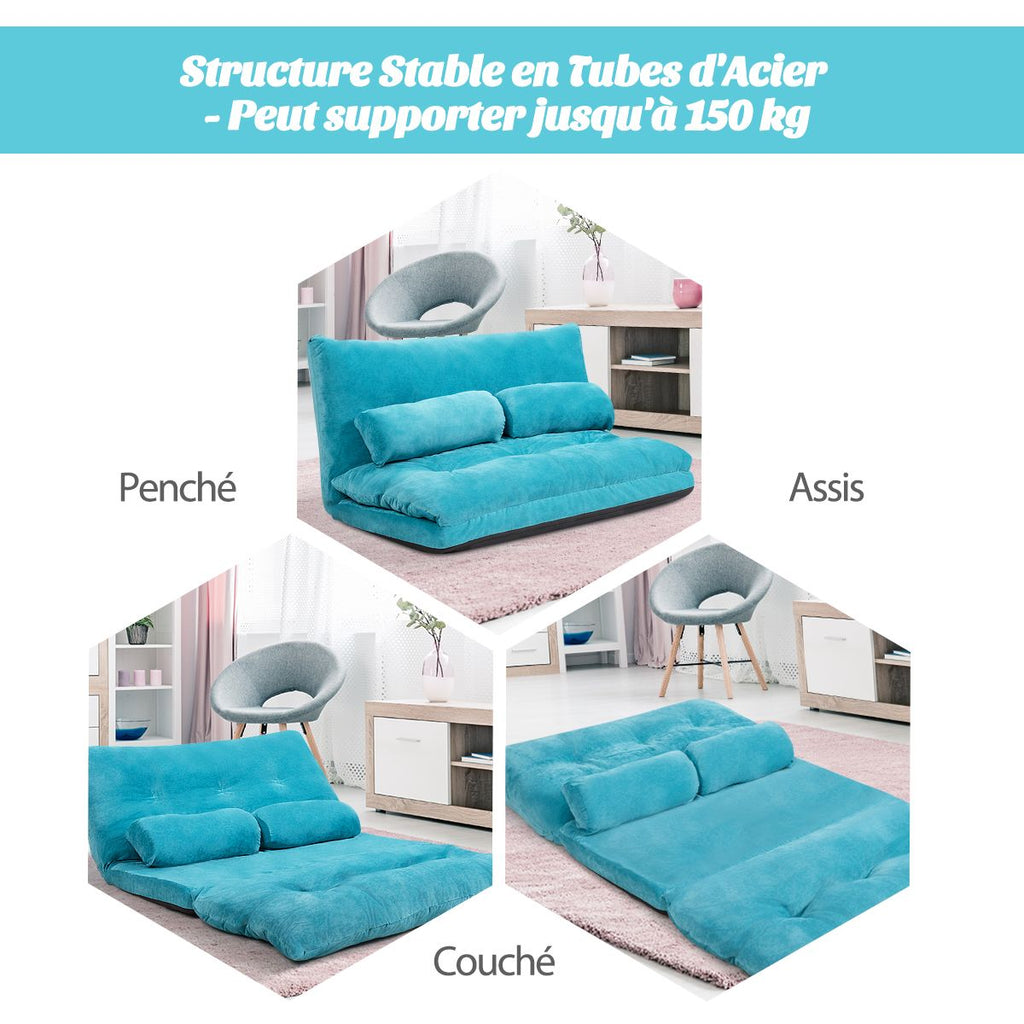 Canapé Convertible 2 Places Réglables À 6 Positions 90-180° Avec 2 Oreillers En Velours Côtelé Pour Salon Chambre Beige/Bleu/Café/Gris