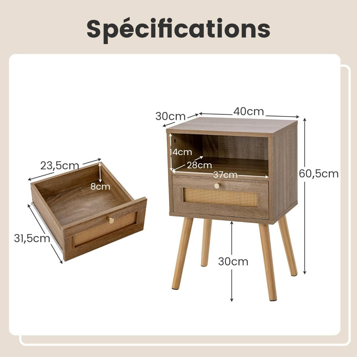 Lot De 2 Tables De Chevet En Rotin Petite Table D'Appoint Avec Tiroir 2 Tables De Nuit En Bois Table D'Appoint Compacte Multifonctionnelle Noyer