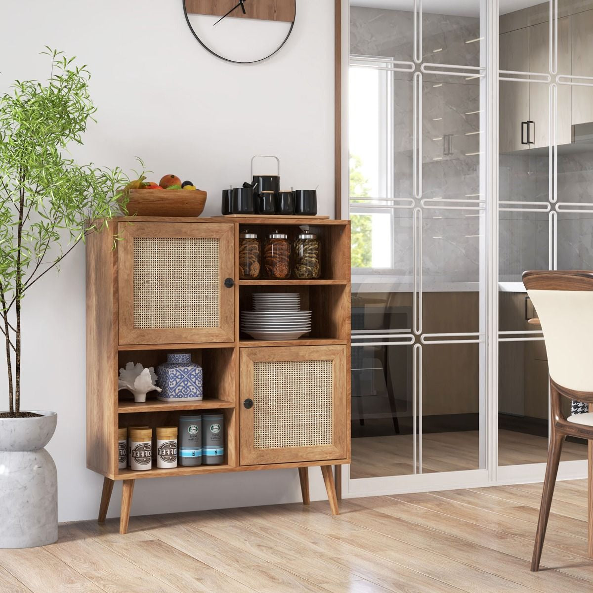 Buffet Cuisine Meuble De Rangement Avec 2 Placards 4 Compartiments Porte Cannage Pieds En Bois Massif 80 X 29,5 X 97 Cm
