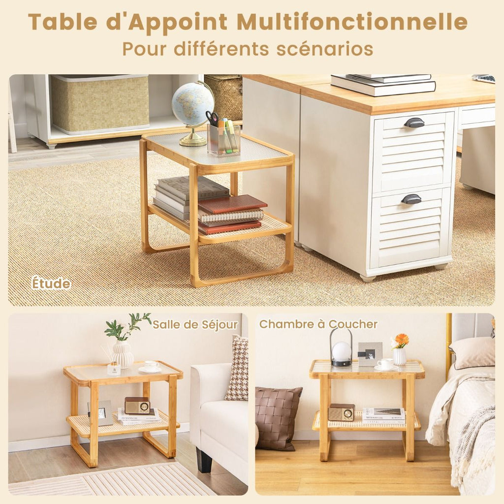 Table D'Appoint En Bambou À 2 Niveaux Plateau En Verre Table De Chevet Table Basse Compacte Pour Chambre Salon Naturel