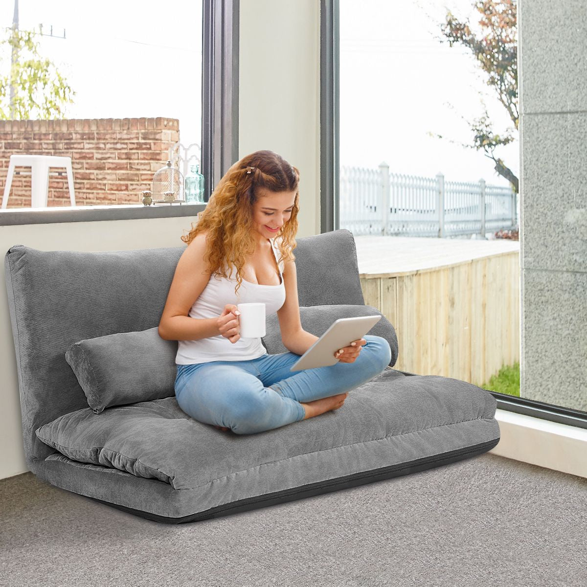 Canapé Convertible 2 Places Réglables À 6 Positions 90-180° Avec 2 Oreillers En Velours Côtelé Pour Salon Chambre Beige/Bleu/Café/Gris