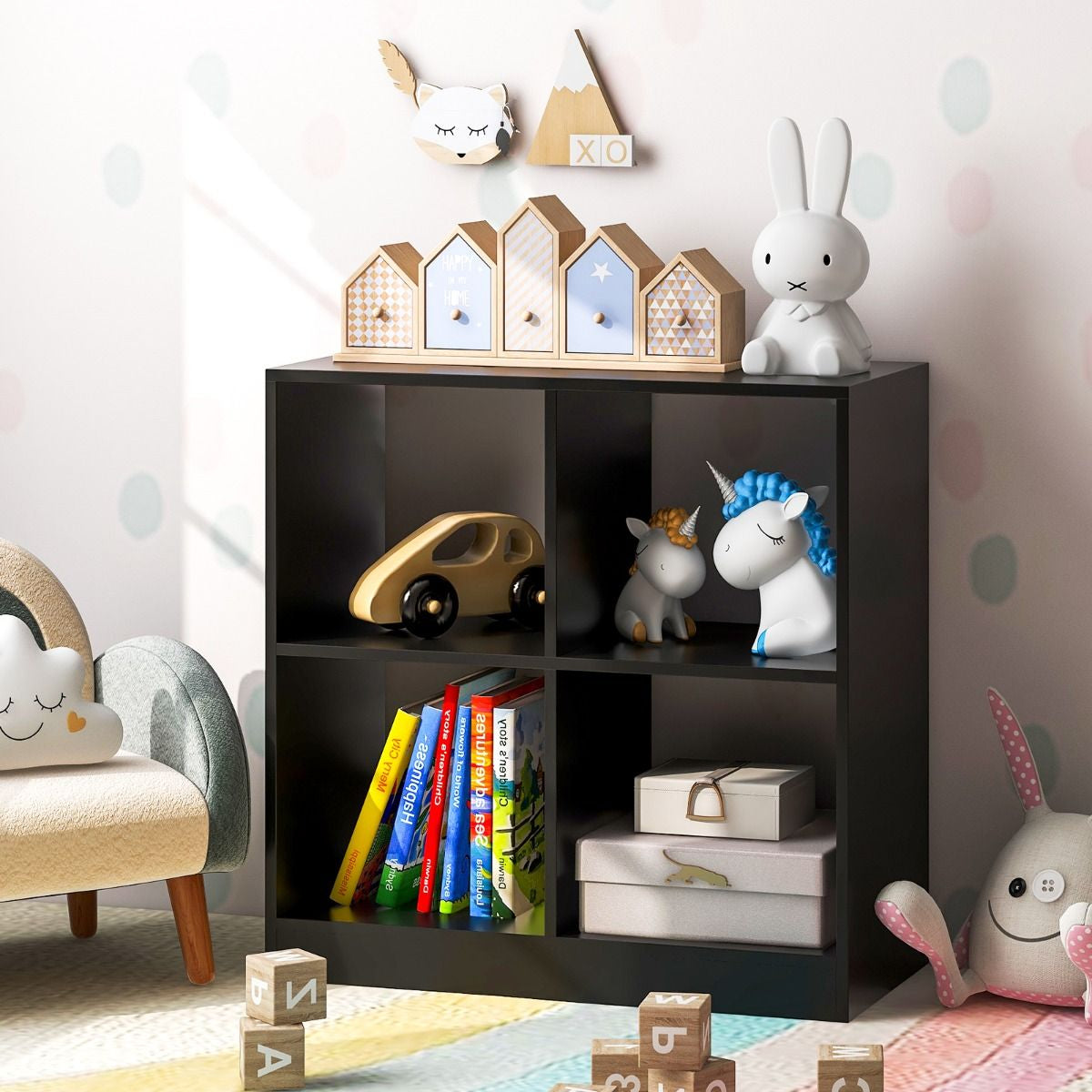 Bibliothèque Étagère Rangement À 3 Niveaux Avec 4 Compartiments Ouverts Meuble Cube De Rangement En Bois 73 X 33 X 73Cm Noir/Blanc/Naturel