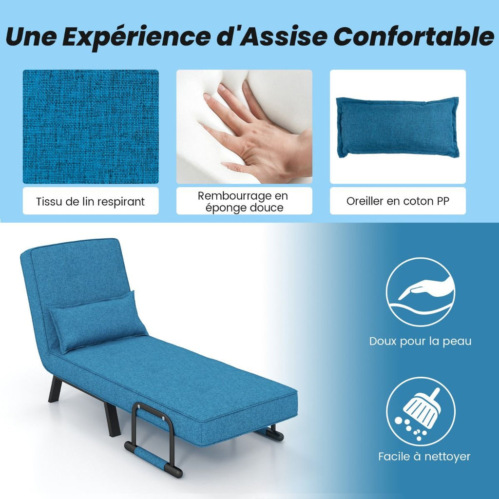 Fauteuil Convertible À Lit 1 Place Fauteuil De Salon 4-En-1 Dossier Réglable En 6 Positions Avec Oreiller 7 Couleurs Au Choix