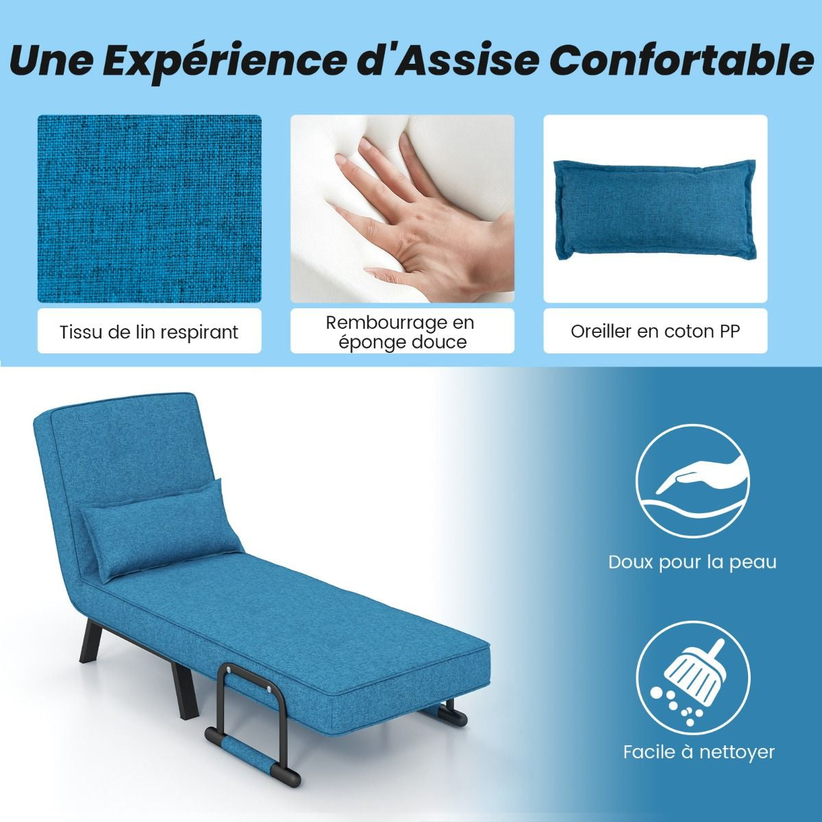 Fauteuil Convertible À Lit 1 Place Fauteuil De Salon 4-En-1 Dossier Réglable En 6 Positions Avec Oreiller 7 Couleurs Au Choix
