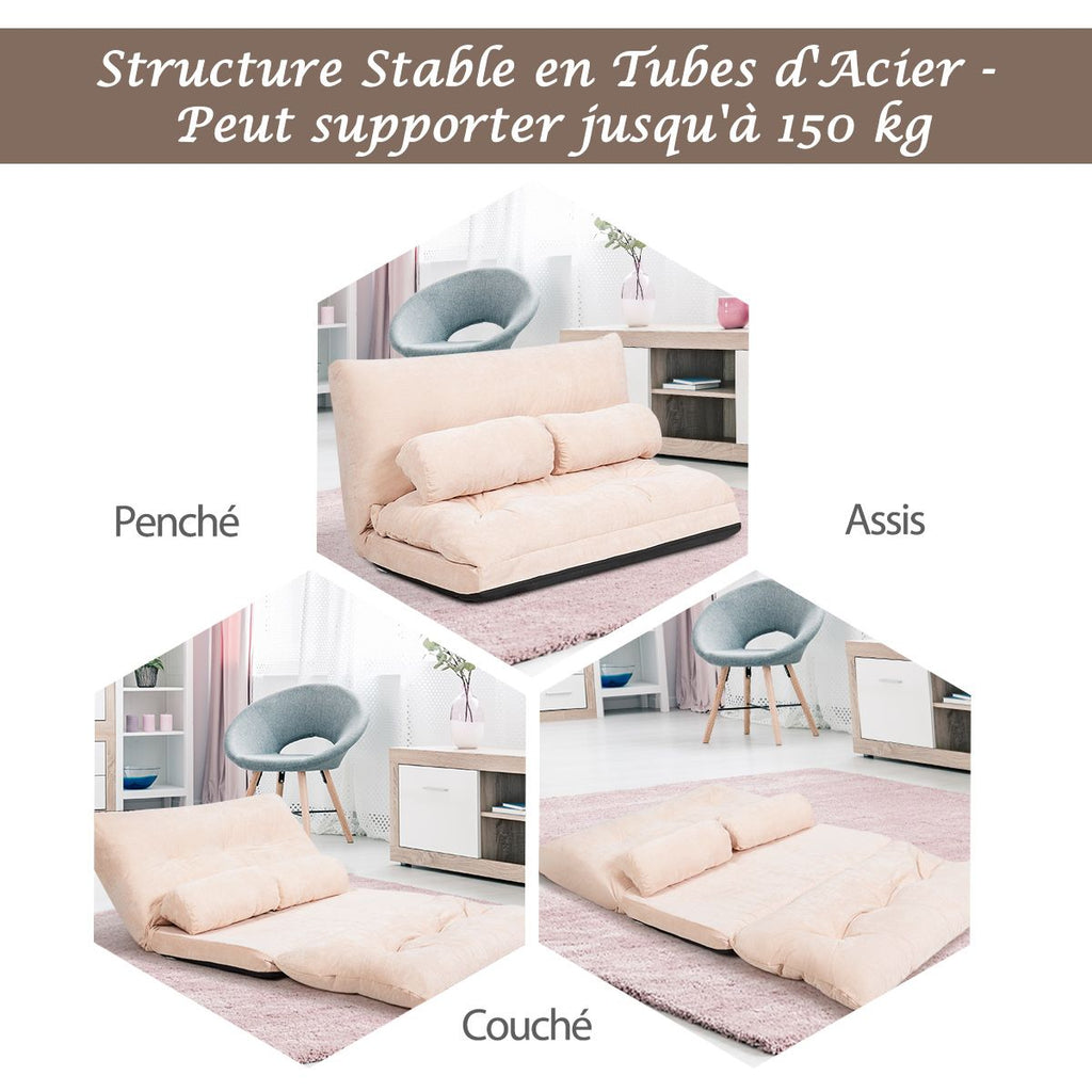 Canapé Convertible 2 Places Réglables À 6 Positions 90-180° Avec 2 Oreillers En Velours Côtelé Pour Salon Chambre Beige/Bleu/Café/Gris