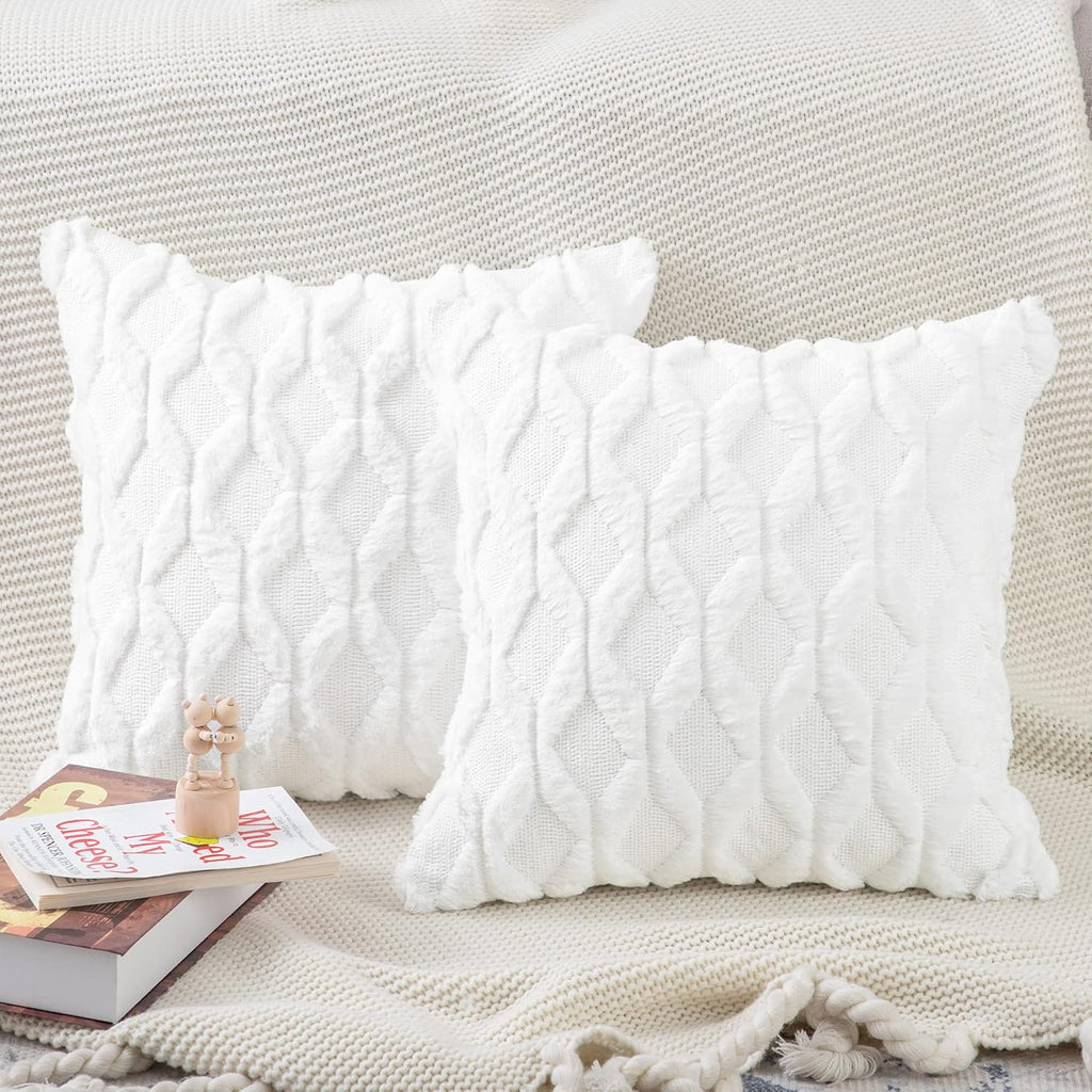 Lot De 2 Doux Peluche Laine Courte Velours Décoratif Housses De Coussin Luxe Style Pour Canapé Chambre Blanc 40 X 40 Cm