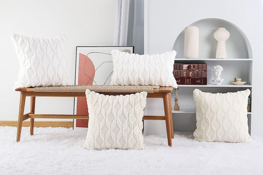 Lot De 2 Doux Peluche Laine Courte Velours Décoratif Housses De Coussin Luxe Style Pour Canapé Chambre Blanc 40 X 40 Cm