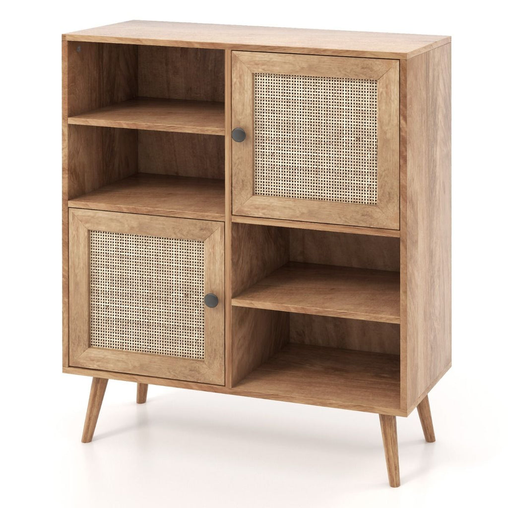 Buffet Cuisine Meuble De Rangement Avec 2 Placards 4 Compartiments Porte Cannage Pieds En Bois Massif 80 X 29,5 X 97 Cm