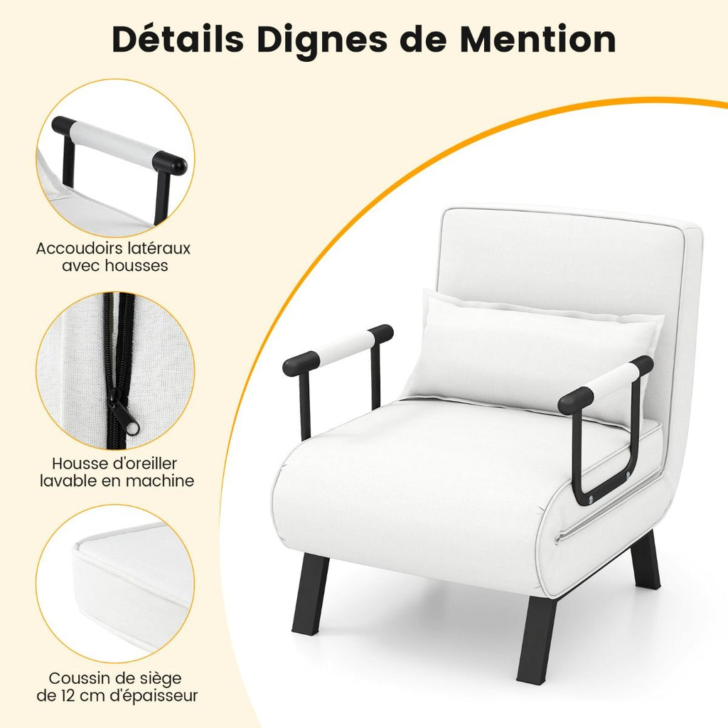 Fauteuil Convertible À Lit 1 Place Fauteuil De Salon 4-En-1 Dossier Réglable En 6 Positions Avec Oreiller 7 Couleurs Au Choix